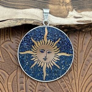 1960s MEXICO Sterling Brass Copper With Lapis Chip Inlay Reversible Sun Pendant